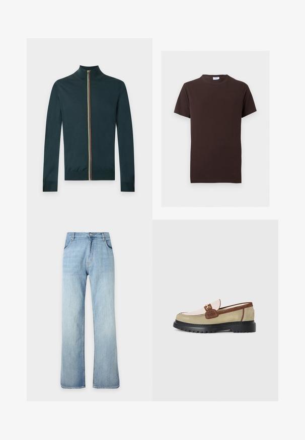 Pull à manches longues zippé vert foncé avec un col montant et une fermeture éclair multicolore à rayures au centre devant.; T-shirt uni marron foncé à manches courtes avec col rond, coupe slim et petite étiquette blanche à l'intérieur du col.; Jean denim bleu clair à coupe droite avec fermeture avant à boutons et zip, poches avant et passants de ceinture, présenté sur un fond uni.; Loafer avec des panneaux en suède beige, rose clair et marron, accent en boucle en métal doré et semelle épaisse en caoutchouc noir avec un motif de crans.