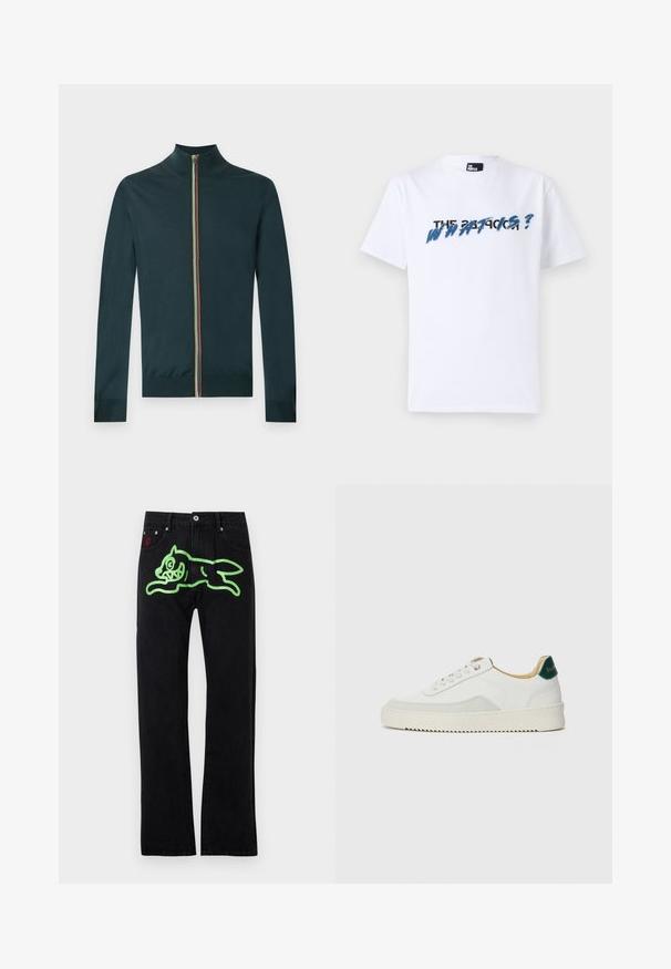 Dunkelgrüner Langarm-Zip-Pullover mit hohem Kragen und einem mehrfarbig gestreiften Reißverschluss in der Mitte vorne.; Weißes Baumwoll-T-Shirt mit kurzen Ärmeln; zeigt grafischen Text in Blau und Schwarz mit der Aufschrift "DAS WAS IST?" über der Brust. Weicher Stoff.; Schwarze Jeans mit geradem Schnitt, auf der Rückseite mit einer großen grünen Grafik einer laufenden Cartoon-Katze verziert. Mit silbernen Hardware-Details.; Weiße Sneaker mit Wildlederelementen, runder Zehenpartie, flachen Schnürsenkeln und einer cremefarbenen Gummisohle. Mit grünen Markenlogo am Fersenbereich.