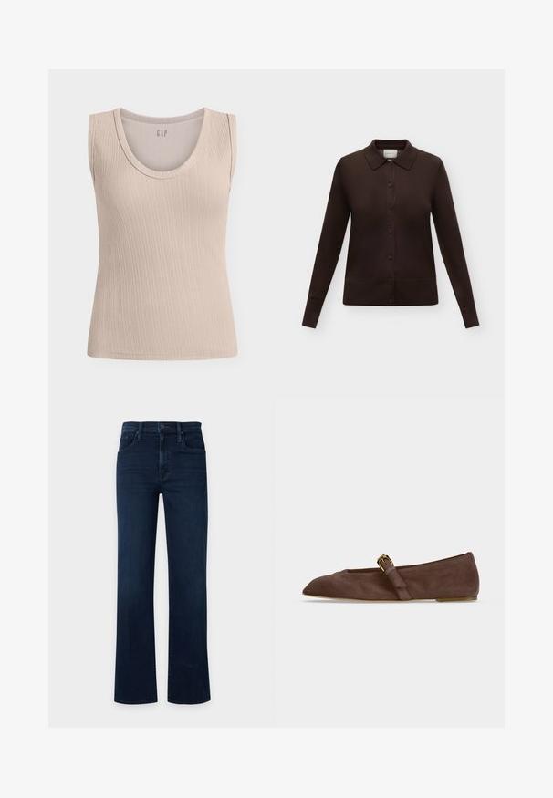 Cardigan boutonné marron foncé à manches longues avec col, poignets et ourlet côtelés, présenté sur un fond clair uni.; Débardeur beige côtelé sans manches avec encolure arrondie, tissu texturé et logo GAP à l’intérieur du col.; Jean droit taille haute bleu foncé avec poches avant, passants pour ceinture et fermeture à bouton sur un fond clair uni.; Chaussure plate en daim marron avec bout pointu et bride à boucle dorée sur le côté, vue de profil sur fond blanc.