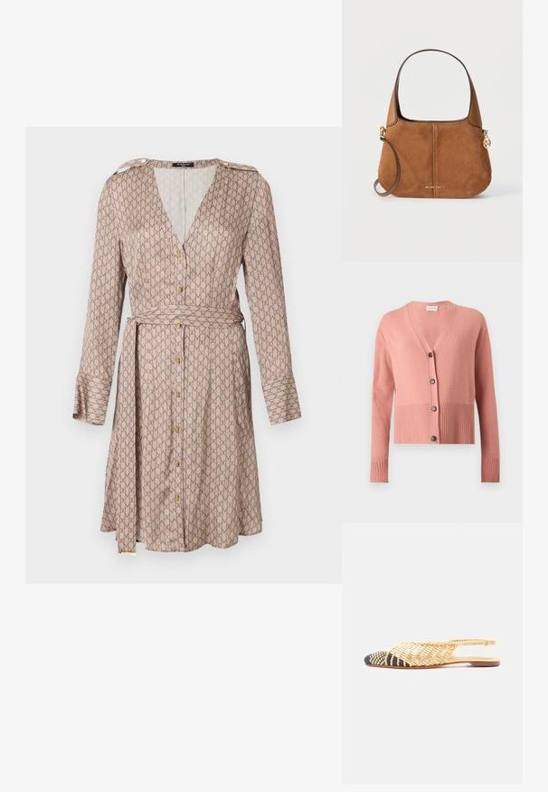 Roze gebreid vest met lange mouwen en V-hals, geribbelde zoom en manchetten en vier zwarte knopen aan de voorkant.; Langere mouw wikkeljurk in beige stof met een herhalend bruin patroon, voorzien van een diepe V-hals, gouden knoopdetails en een bijpassende riem.; Plat geweven slingback schoen met puntige neus, met een beige en zwart geruit patroon op de neus en een natuurlijke stro-kleurige weving op het lichaam.; Bruine suède en leren handtas met korte en lange hengsels, gouden Michael Kors-logo en cirkelvormige gouden logohanger aan de rechterkant.