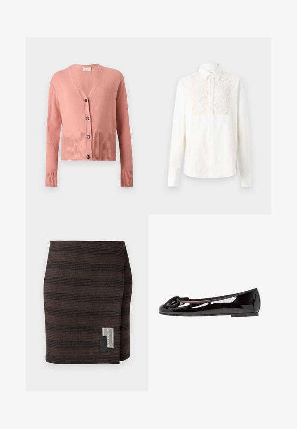 Cardigan rose à manches longues en tricot, encolure en V, ourlet et poignets côtelés, avec quatre boutons noirs sur le devant.; Soulland RADO SHIRT - Chemisier - off white; Jupe marron en tissu texturé, présentant des rayures horizontales de différentes teintes. Une étiquette sur le côté affiche le nom de la marque et les instructions d'entretien.; Ballerine en vernis noir avec un bout arrondi, un nœud décoratif en corde noire à l'avant et une doublure intérieure rembourrée pour le confort.