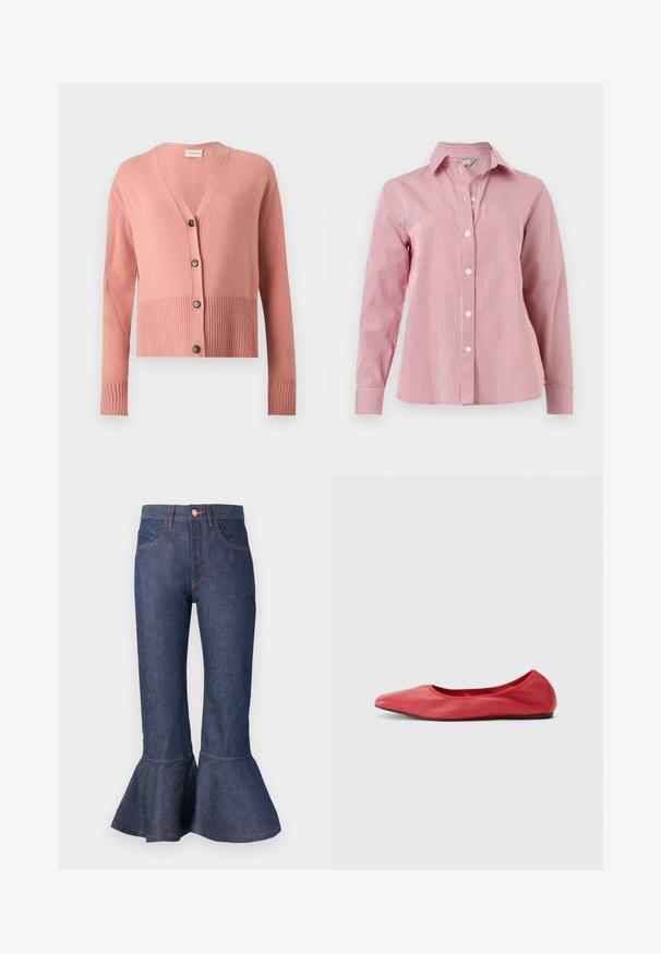 Cárdigan rosa de manga larga tejido con escote en V, bajo y puños acanalados y cuatro botones negros en la parte delantera.; Camisa de manga larga con botones, rayas verticales rojas y blancas, con cuello y puños, mostrada extendida sobre un fondo blanco.; Jeans de mezclilla azul oscuro de pierna acampanada con un dobladillo con volantes, cinco bolsillos y costuras de contraste en color naranja. Cintura de altura media con cierre de botón en el frente.; Filippa K REY FLATS - Bailarinas - bright red