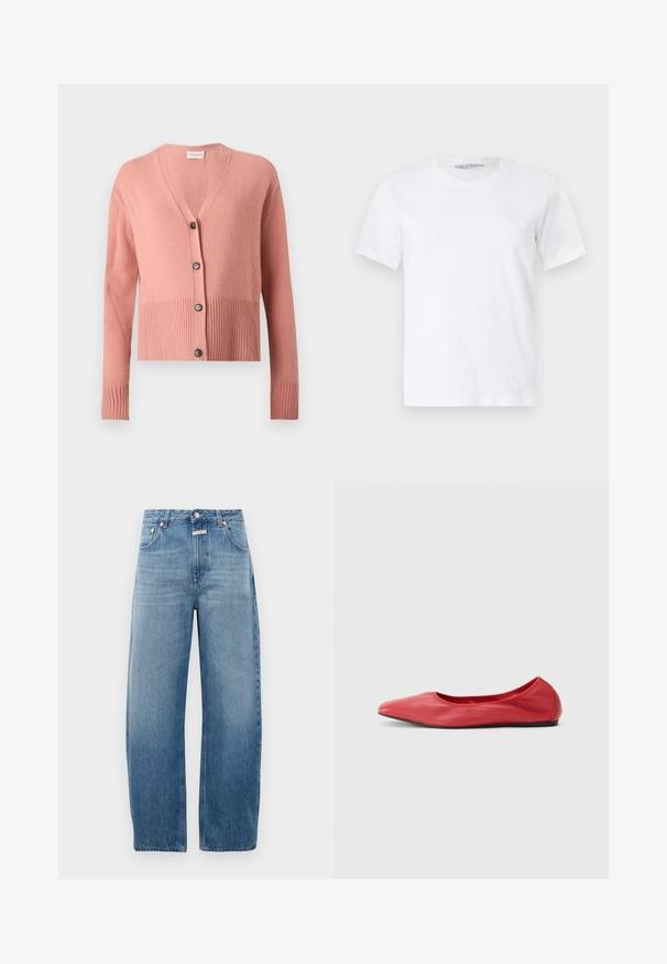 Cardigan rose à manches longues en tricot, encolure en V, ourlet et poignets côtelés, avec quatre boutons noirs sur le devant.; T-shirt blanc uni à manches courtes et col rond, posé à plat sur un fond clair, vue de face avec une petite étiquette de marque visible à l'intérieur du col.; Jean en denim bleu clair, taille haute, avec une coupe droite. Présente un design classique à cinq poches et une fermeture à bouton en métal.; Filippa K REY FLATS - Ballerines - bright red