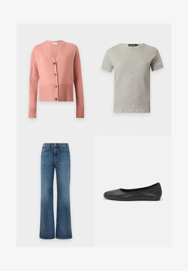 Pink langærmet strikket cardigan med V-hals, ribkant nederst og ved ærmerne, samt fire sorte knapper foran.; Lysegrå kortærmet crew neck bomulds T-shirt med synligt sort mærke inde i kraven med teksten "DENIM" og størrelse "S".; Blå denimjeans med bred benklip, knap- og lynlåslukning samt for- og baglommer, præsenteret på en simpel hvid baggrund.; Sort læderballetsko med rund tå, glat tekstur, minimal syning og et fleksibelt såldesign.