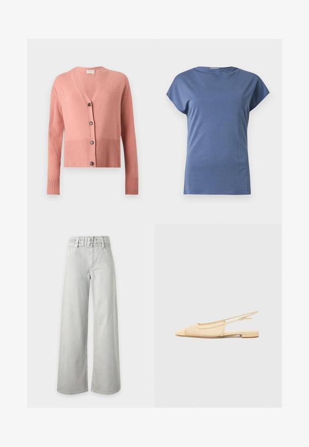 Cardigan rose à manches longues en tricot, encolure en V, ourlet et poignets côtelés, avec quatre boutons noirs sur le devant.; T-shirt bleu à manches courtes avec col rond et coupe ample, présenté sur un fond clair uni.; Jean gris clair taille haute à jambes larges, avec poches avant, passants de ceinture et ceinture en tissu assortie avec boucle.; Chaussure plate slingback en beige clair avec une tige en maille, un bout pointu et un petit talon. Dotée d'une sangle ajustable pour un bon maintien.