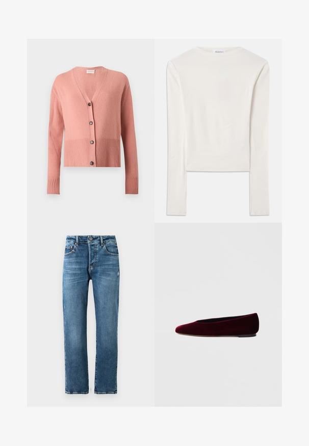 Pink langærmet strikket cardigan med V-hals, ribkant nederst og ved ærmerne, samt fire sorte knapper foran.; Hvid langærmet top lavet af bomuld, med en simpel rund hals og en slim fit. Stof er glat med en let stræk.; Herre blå denim jeans med lige pasform, fem lommer og knaplukning. Har let falmning og syet detaljer.; Bourgognefarvede balletflade sko i fløjl med rundet tå og lav hæl, med en glat tekstur og elegant design.