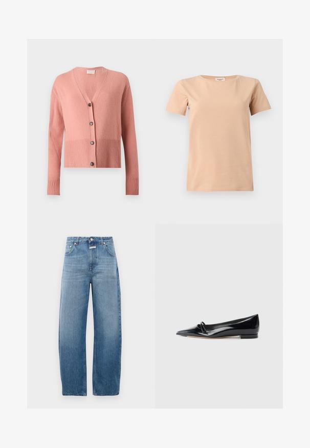 Pink langærmet strikket cardigan med V-hals, ribkant nederst og ved ærmerne, samt fire sorte knapper foran.; Beige kortærmet T-shirt med rund halsudskæring og lige kant på en ensfarvet lysegrå baggrund.; Lysblå denim jeans, højtaljet, med lige ben. Har klassisk fem-lomme design og metalknaplukning.; Sorte patentlæder flade sko med spids tå, lille dekorativ rem og lav blokhæl. Glat tekstur og strømlinet design.