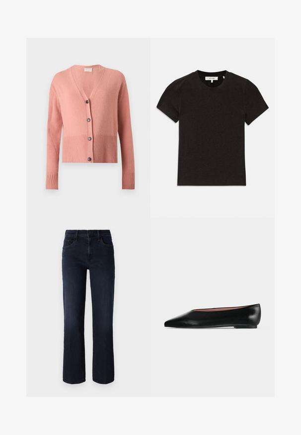 Pinker langärmeliger Strickcardigan mit V-Ausschnitt, geripptem Saum und Bündchen sowie vier schwarzen Knöpfen vorne.; Schwarzes kurzärmeliges T-Shirt aus geripptem Strick mit Rundhalsausschnitt und sichtbarem Markenlabel am Kragen.; Mother THE MID RISE RAMBLER - Jeans Straight Leg - dunkelblau; Schwarzer flacher Damenleder-Schuh mit spitzer Kappe und niedrigem Absatz, von der Seite auf einfarbigem hellgrauem Hintergrund gezeigt.