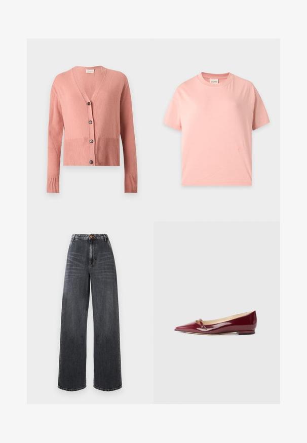 Roze gebreid vest met lange mouwen en V-hals, geribbelde zoom en manchetten en vier zwarte knopen aan de voorkant.; Lichtroze T-shirt met korte mouwen, ronde hals, rechte pasvorm en een klein ton-sur-ton geborduurd logo nabij de onderzoom.; Hoge taille wijde jeans van donkergrijs denim met vervaagde details, met een sluiting met knoop aan de voorkant en een traditionele vijf-pocket stijl.; Bordeaux patent leren ballerina's met een puntige neus, voorzien van een klein uitsnijdetail en een lage hak. Glad textuur en een slank ontwerp.