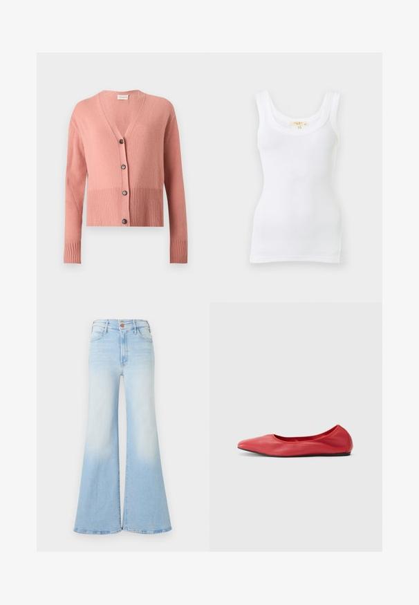 Cardigan rose à manches longues en tricot, encolure en V, ourlet et poignets côtelés, avec quatre boutons noirs sur le devant.; Débardeur blanc côtelé sans manches avec encolure dégagée, présenté à plat sur un fond clair.; Jean en denim bleu clair taille haute avec jambes évasées larges, fermeture à boutons sur le devant, et poches avant et arrière.; Filippa K REY FLATS - Ballerines - bright red