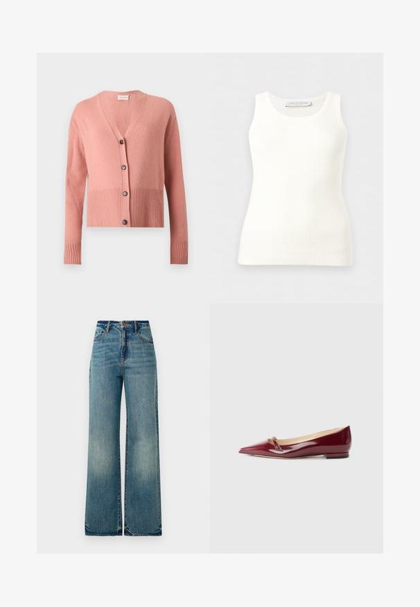 Cárdigan rosa de manga larga tejido con escote en V, bajo y puños acanalados y cuatro botones negros en la parte delantera.; Camiseta sin mangas blanca acanalada con cuello redondo, corte ajustado y etiqueta de la marca en el interior del cuello trasero.; Jeans de mezclilla de tiro alto y pierna ancha de color azul claro, con cinco bolsillos y dobladillos ligeramente deshilachados, que exhiben un acabado texturizado y desgastado.; Bailarinas de charol burdeos con punta afilada, que presentan un pequeño detalle de corte y un tacón bajo. Textura suave y diseño elegante.