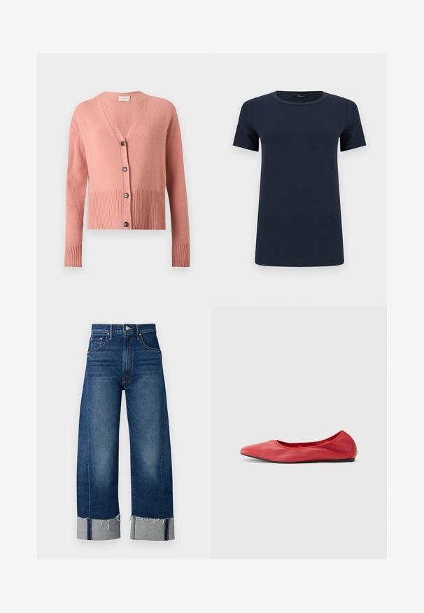Cardigan rose à manches longues en tricot, encolure en V, ourlet et poignets côtelés, avec quatre boutons noirs sur le devant.; T-shirt en coton bleu marine à manches courtes avec col rond, présenté à plat sur un fond blanc.; Jeans en denim bleu foncé à jambes larges avec un ourlet effiloché et des poignets gris clair. Présente un design traditionnel à cinq poches.; Filippa K REY FLATS - Ballerines - bright red