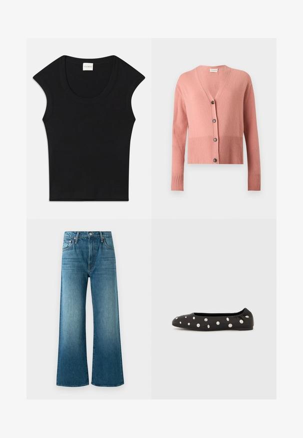 Cardigan rose à manches longues en tricot, encolure en V, ourlet et poignets côtelés, avec quatre boutons noirs sur le devant.; Haut sans manches noir en tissu doux avec un col arrondi et une coupe ajustée. Présente une étiquette portant la mention "CLOSED" au niveau du cou.; Jean large en denim bleu avec des détails délavés, poches avant, passants de ceinture et fermeture à bouton.; Chaussure ballerine noire à bride élastique à l'arrière, ornée de gros clous ronds argentés dispersés sur le dessus, vue de profil sur fond blanc.