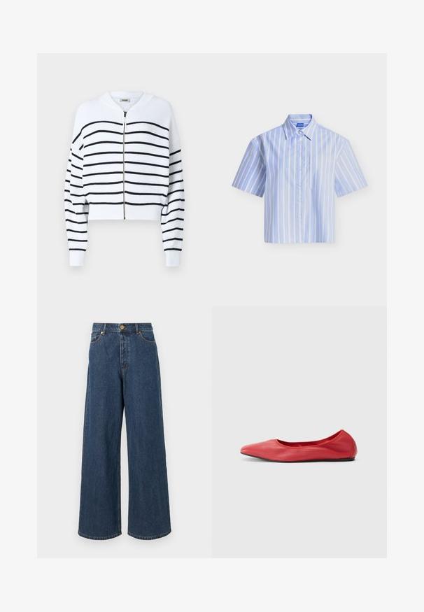 Hvid cropped sweater med sorte vandrette striber, ribbet tekstur, lynlås fortil og rund udskæring. Har dropped skuldre og tætsiddende manchetter.; Lyseblå kortærmet skjorte med hvide lodrette striber og brystlomme, vist fladt på en hvid baggrund.; Bredde denimjeans i mørkeblå med høj talje, frontlukning med knap og klassisk fem-lomme design med subtile syninger.; Filippa K REY FLATS - Ballerinasko - bright red