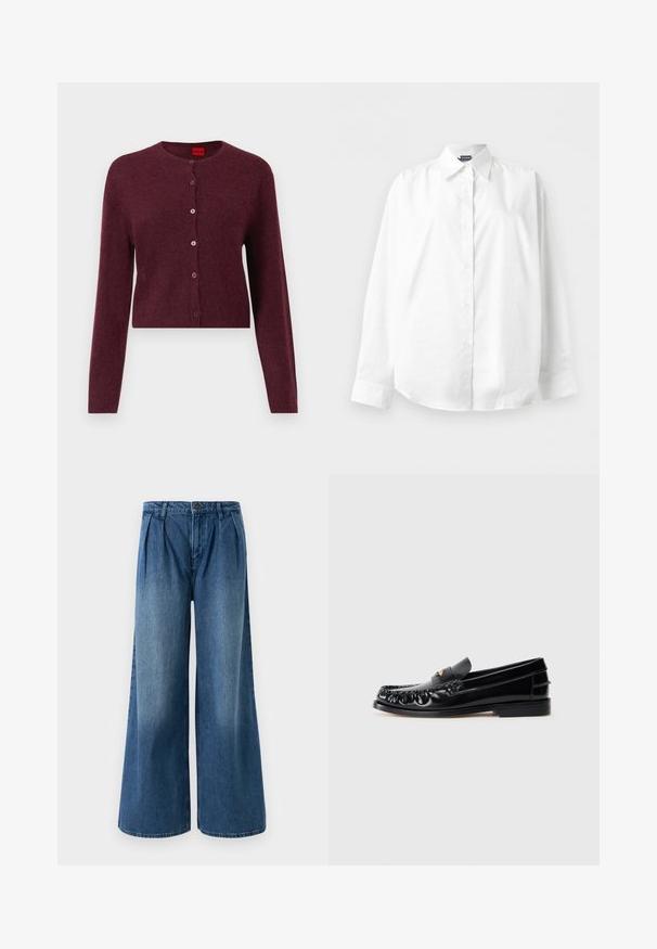 Cardigan court bourgogne en tissu doux, avec un col rond et six boutons assortis sur le devant. Manches longues.; Chemise blanche à manches longues avec col pointu, boutonnée, présentée à plat sur un fond blanc uni.; Jeans évasés en denim bleu moyen, avec des plis au niveau de la taille et un design à plat à l'avant. Ourlet simple sans embellissements visibles.; Mocassins en cuir noir avec un bout arrondi, des coutures décoratives et un petit accent doré sur le dessus. Semelle en caoutchouc plate, design épuré.
