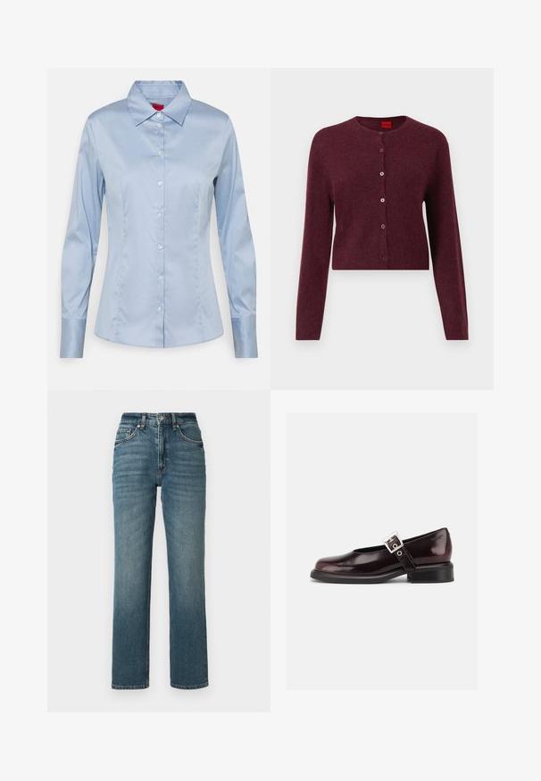 Bordeaux cropped cardigan gemaakt van zachte stof, met een ronde hals en zes bijpassende knopen aan de voorkant. Lange mouwen.; Lichtblauw button-up shirt van gladde stof, met een klassieke kraag, lange mouwen en een rechte pasvorm met subtiele stikseldetails.; High-waisted jeans met rechte pijpen van blauwe denim, met subtiele vervaging, vijf zakken en een knoopsluiting.; Enkele glanzende donker bordeauxrode Mary Jane schoen met brede band en zilveren gesp, lage blokhak en afgeronde neus op witte achtergrond.