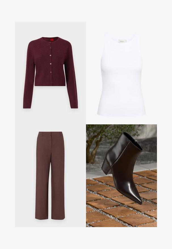 Bordeaux cropped cardigan gemaakt van zachte stof, met een ronde hals en zes bijpassende knopen aan de voorkant. Lange mouwen.; Witte geribde tanktop met een ronde halslijn en zonder mouwen. Rekbaar materiaal en een aansluitend ontwerp. Het label op de achterkant zegt "GESTUZ."; Bruine wijde broek gemaakt van een textuurstof met een gladde afwerking, met een vlakke voorkant, riemlussen en zijzakken.; Zwarte leren enkelboot met een spitse neus, blokhak en een gladde textuur, gepositioneerd boven een houten en grindoppervlak.