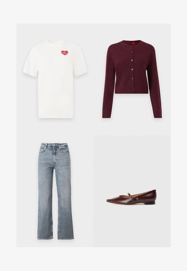 Burgunderfarbene, kurz geschnittene Strickjacke aus weichem Stoff mit rundem Halsausschnitt und sechs passenden Knöpfen auf der Vorderseite. Mit langen Ärmeln.; Weißes Baumwoll-T-Shirt mit einem pinkfarbenen herzförmigen Grafik und dem Wort "Hugs" in Schreibschrift. Mit kurzen Ärmeln und lässiger Passform.; Hellblaue Jeans mit hoher Taille und geradem Bein, vorne mit Knöpfen, Reißverschluss und klassischem Fünf-Taschen-Design.; Burgunderfarbene Lackleder-Ballerina mit spitzer Zehe und einem dekorativen Riemen über dem Spann. Mit einem niedrigen schwarzen Absatz.