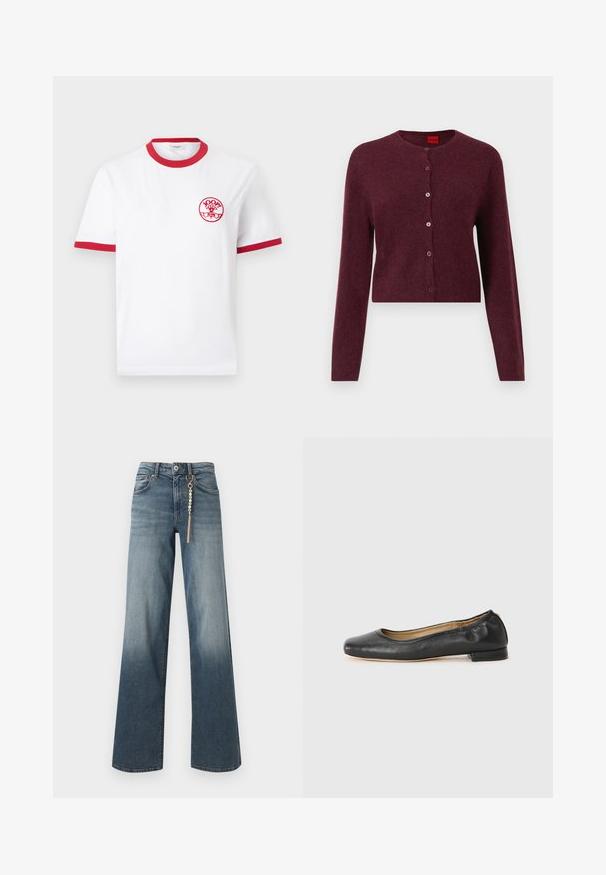 Cardigan court bourgogne en tissu doux, avec un col rond et six boutons assortis sur le devant. Manches longues.; T-shirt blanc à manches courtes avec col et bordures de manches rouges, avec un petit logo circulaire rouge "JOOP! Jeans" sur la poitrine gauche.; Jean droit en denim bleu avec un lavage délavé et une chaîne dorée ornée de perles suspendue à la boucle de ceinture avant.; Ballerines en cuir noir avec un bout arrondi et des coutures minimales. Talon bas et rectangulaire avec une texture lisse. Détails subtils de doublure intérieure.