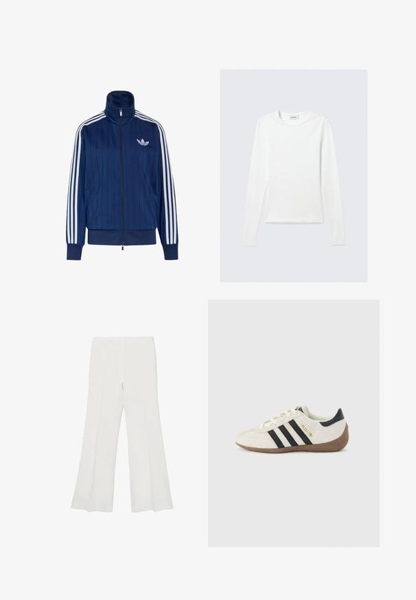 Chaqueta deportiva azul marino con cremallera, tres rayas blancas en las mangas y logo de trébol blanco en el pecho izquierdo, puños y dobladillo acanalados.; Camiseta blanca lisa de manga larga con cuello redondo y corte ajustado, mostrada sobre un fondo gris claro.; Pantalones acampanados blancos con una textura suave y líneas limpias, con una cinturilla de altura media y sin hardware o patrones visibles.; Zapatilla blanca de Adidas con rayas negras, suela marrón texturizada y la palabra "SPEZIAL" en letras doradas en el lateral, vista desde el lado exterior.