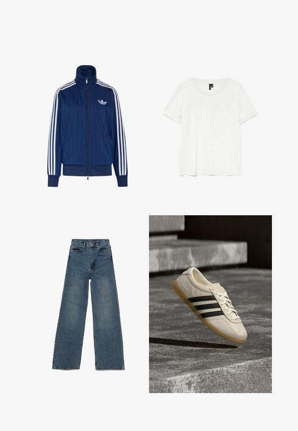 Navyblauwe trainingsjas met rits, witte drie strepen op de mouwen en wit trefoil-logo op de linkerborst, geribde boorden en zoom.; Witte t-shirt met korte mouwen en een ronde hals, gemaakt van lichte stof. Eenvoudig ontwerp, gladde textuur en rechte zoom.; Blauwe denim wijd uitgesneden jeans met een hoge taille, vijf zakken en contrasterende stiksels. Vervagingen en lichte slijtage zichtbaar op de stof.; Witte sneaker met zwarte strepen en rubberen zool zwevend boven betonnen trap in zacht daglicht.