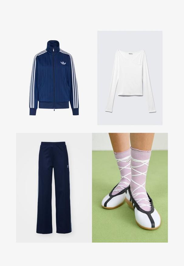 Chaqueta deportiva azul marino con cremallera, tres rayas blancas en las mangas y logo de trébol blanco en el pecho izquierdo, puños y dobladillo acanalados.; Top blanco de manga larga con diseño cruzado y un bolsillo. Fabricado en una tela suave y elástica. Con un corte casual y relajado.; Pantalones de chándal de mezcla de algodón en color marino con diseño de pierna ancha, cinturilla elástica y bolsillos con cremallera, con franjas laterales blancas y detalle de logotipo.; Piernas con calcetines lavanda acanalados con tiras blancas cruzadas combinados con bailarinas blancas con ribete negro sobre un suelo verde.