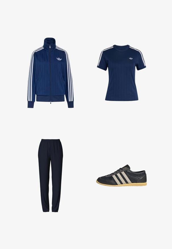 Mørkeblå trackjakke med lynlås med hvide tre striber på ærmerne og hvidt trefoil-logo på venstre bryst, ribstrikkede manchetter og kant.; Marineblå atletisk T-shirt med korte ærmer med hvide tredobbelte striber på skuldrene og lille hvid Adidas Trefoil-logo på brystet.; Marineblå sweatpants med elastisk talje, slank benudformning og glat tekstur. Velegnet til afslappet eller atletisk brug.; Sort tekstureret lavtop-sneaker med beige striber, beige gummisål og sorte snørebånd, vist fra siden på en hvid baggrund.