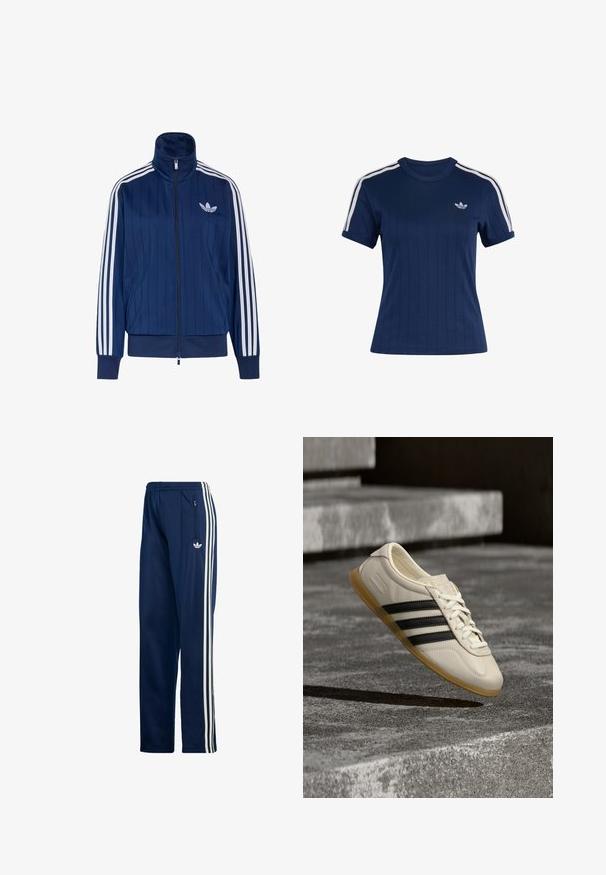 Mørkeblå trackjakke med lynlås med hvide tre striber på ærmerne og hvidt trefoil-logo på venstre bryst, ribstrikkede manchetter og kant.; Marineblå atletisk T-shirt med korte ærmer med hvide tredobbelte striber på skuldrene og lille hvid Adidas Trefoil-logo på brystet.; Mørkeblå atletiske bukser lavet af et glat, let stof, med tre hvide striber på siden og en lynlåslomme på siden.; Hvid sneaker med sorte striber og gummisål svæver over betontrapper i blødt dagslys.
