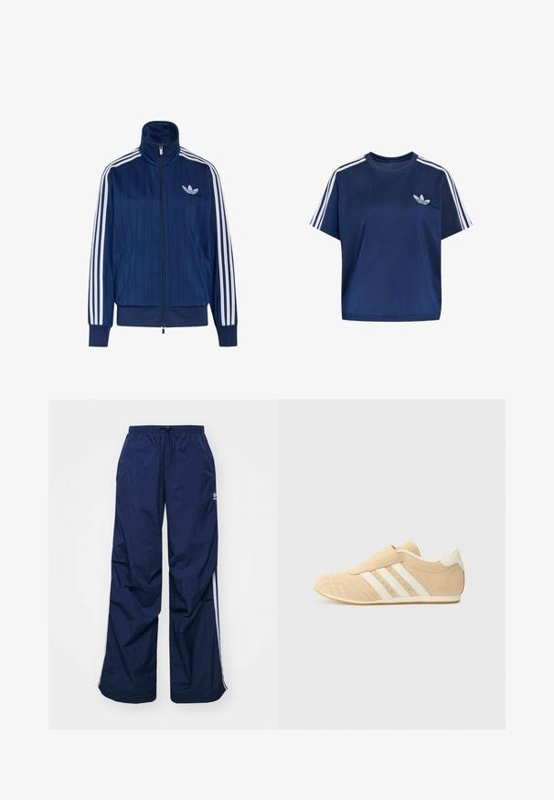 Mørkeblå trackjakke med lynlås med hvide tre striber på ærmerne og hvidt trefoil-logo på venstre bryst, ribstrikkede manchetter og kant.; Marineblå sports T-shirt med korte ærmer med hvide tredobbelte striber på ærmerne og lille hvid Adidas-logo på venstre bryst.; Marineblå, letvægtsbukser med elastik i taljen og snøre, med hvide sidelister og et lille logo foran. Løs pasform.; Brune og creme atletiksko med overdel i glat læder, tre hvide striber på siden og en rund tå. Tekstureret overdel med perforeringer.