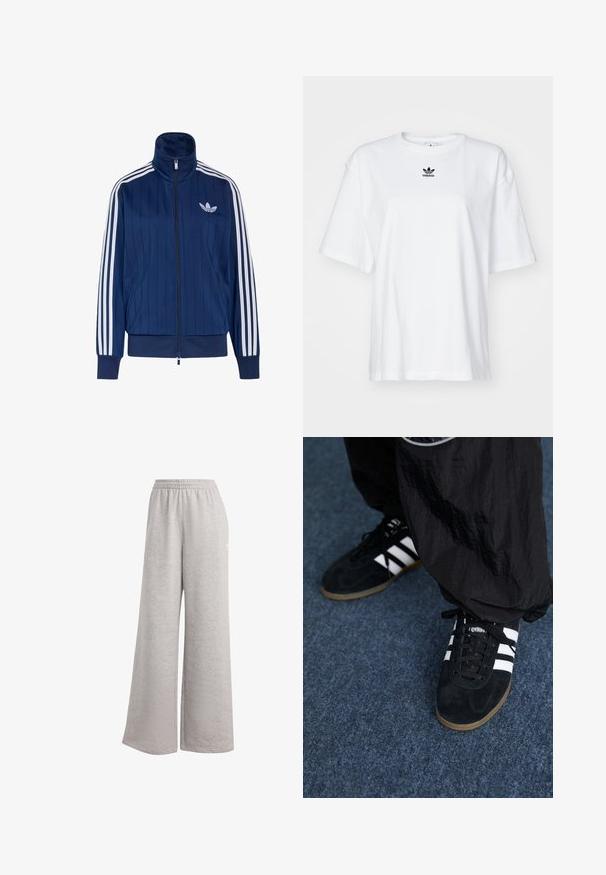 Veste de survêtement bleu marine zippée avec trois bandes blanches sur les manches et logo trèfle blanc sur la poitrine gauche, poignets et ourlet côtelés.; T-shirt blanc à manches courtes en coton. Avec un col rond et un petit logo Adidas noir sur la poitrine. Ourlet droit.; Pantalon de survêtement gris clair avec une coupe ample, une taille élastique et une texture douce. Présente un logo discret sur un côté. Design décontracté.; Des chaussures de sport en suède noir avec trois rayures blanches et des lacets noirs. Un pantalon noir texturé est partiellement visible à côté des chaussures.