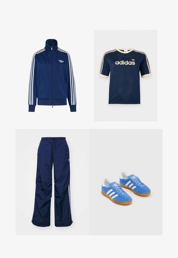 Mørkeblå trackjakke med lynlås med hvide tre striber på ærmerne og hvidt trefoil-logo på venstre bryst, ribstrikkede manchetter og kant.; Adidas mørkeblå mesh t-shirt med korte ærmer med cremefarvet kant, tre cremefarvede striber på ærmerne og Adidas-logo på brystet.; Marineblå, letvægtsbukser med elastik i taljen og snøre, med hvide sidelister og et lille logo foran. Løs pasform.; Blå ruskinds sportsko med hvide stribede detaljer, gummisål og polstret krave for komfort. Har klassisk snørebåndsdesign.