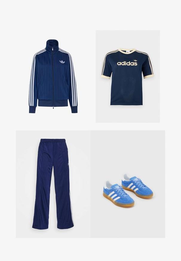 Veste de survêtement bleu marine zippée avec trois bandes blanches sur les manches et logo trèfle blanc sur la poitrine gauche, poignets et ourlet côtelés.; T-shirt à manches courtes en mesh bleu marine Adidas avec bordure crème, trois bandes crème sur les manches et logo Adidas sur la poitrine.; Pantalons de sport navy avec une taille élastique, jambes droites et zippers sur les côtés. Présente des passepoils blancs le long des côtés. Texture de tissu lisse.; Baskets en cuir suédé bleu avec des accents rayés blancs, semelle en caoutchouc et col rembourré pour plus de confort. Présente un design classique à lacets.
