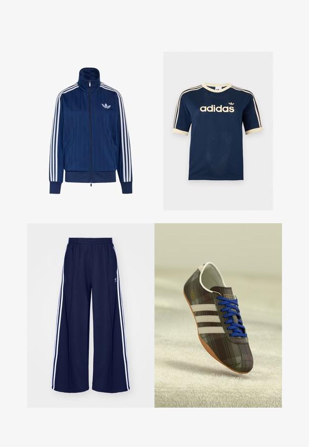 Navyblauwe trainingsjas met rits, witte drie strepen op de mouwen en wit trefoil-logo op de linkerborst, geribde boorden en zoom.; Marineblauw Adidas mesh T-shirt met korte mouwen, crèmekleurige afwerking, drie crèmekleurige strepen op de mouwen en Adidas-logo op de borst.; adidas Originals PANT - Trainingsbroek - night indigo; Bruine geruite sportschoenen met blauwe veters, drie witte strepen en een glad oppervlak, met een lichtbruine rubberen zool.