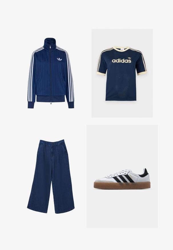 Mørkeblå trackjakke med lynlås med hvide tre striber på ærmerne og hvidt trefoil-logo på venstre bryst, ribstrikkede manchetter og kant.; Adidas mørkeblå mesh t-shirt med korte ærmer med cremefarvet kant, tre cremefarvede striber på ærmerne og Adidas-logo på brystet.; Bredde ben denim bukser i mørkeblå. Har to forlommer, en knappelukning og en glat tekstur med et let materiale.; Hvide lædersneakers med sorte striber, gummirubber sål, rund tå, snørelukning og blød grå ruskinds tåhætte.