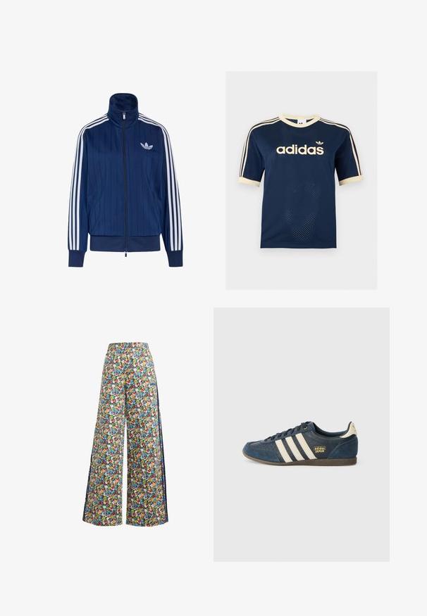 Mørkeblå trackjakke med lynlås med hvide tre striber på ærmerne og hvidt trefoil-logo på venstre bryst, ribstrikkede manchetter og kant.; Adidas mørkeblå mesh t-shirt med korte ærmer med cremefarvet kant, tre cremefarvede striber på ærmerne og Adidas-logo på brystet.; Breddebenede blomsterbukser med en blå baggrund, der har et farverigt mønster af røde, gule og blå blomster samt en elastisk talje.; Marineblå ruskindsneaker med cremefarvede striber, tekstureret tåområde, gyldent "adidas JAPAN" logo og en brun gummisål. Klassisk low-top design.