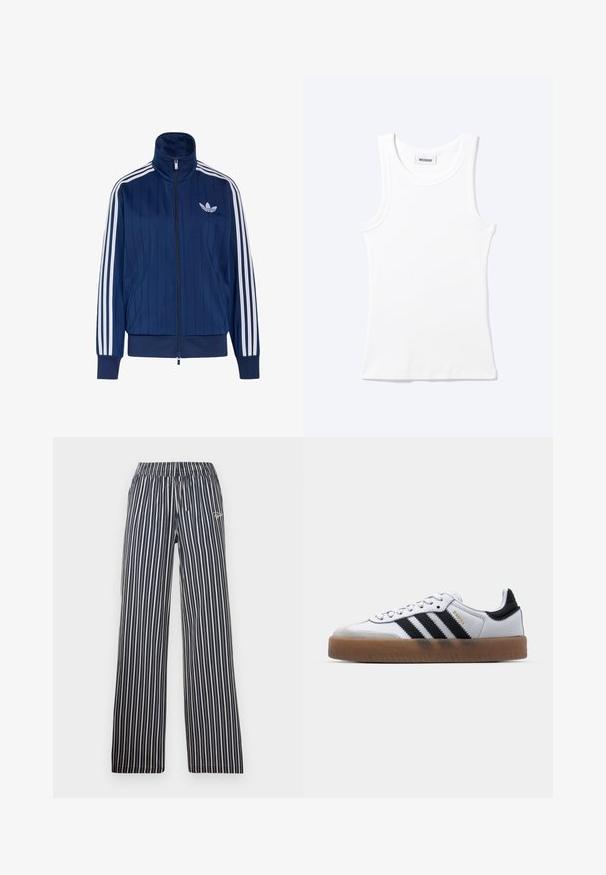 Chaqueta deportiva azul marino con cremallera, tres rayas blancas en las mangas y logo de trébol blanco en el pecho izquierdo, puños y dobladillo acanalados.; Camiseta sin mangas blanca con textura de canalé, cuello redondo y una pequeña etiqueta que dice "WEEKDAY" en el interior del cuello.; Pantalones a rayas en navy y blanco con cinturilla elástica, piernas amplias y detalle de logo bordado en la cadera izquierda delantera.; Zapatillas de cuero blancas con rayas negras, suela de goma, puntera redonda, cierre de cordones y caperuza de ante gris suave.
