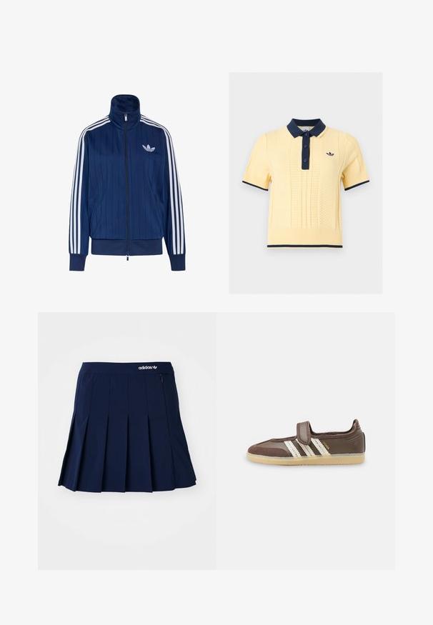 Mørkeblå trackjakke med lynlås med hvide tre striber på ærmerne og hvidt trefoil-logo på venstre bryst, ribstrikkede manchetter og kant.; Kortærmet gul strikket polo med navy krave, knaplukning, manchetter, kant nederst og lille broderet logo på brystet.; Marineblå plisseret nederdel lavet af letvægtsstof; har en elastisk talje og en lille lynlås-lomme, med et hvidt Adidas-logo på forsiden.; Brun sneaker med beige gummisål, tre hvide striber på siden og en enkelt velcrolukning over vristen.
