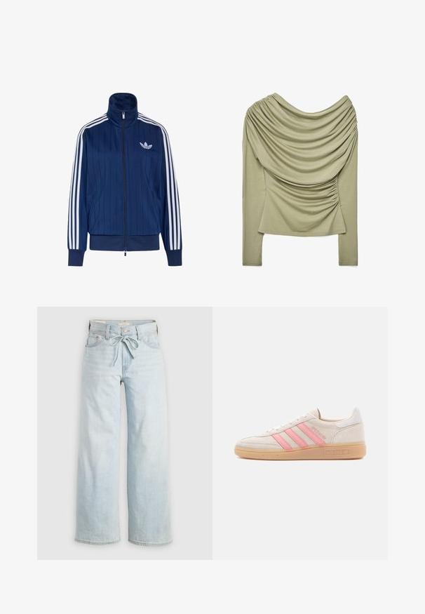 Chaqueta deportiva azul marino con cremallera, tres rayas blancas en las mangas y logo de trébol blanco en el pecho izquierdo, puños y dobladillo acanalados.; Top de manga larga en verde oliva con escote drapeado fruncido y pronunciado que deja los hombros al descubierto, detalle fruncido en el lateral, silueta ajustada.; Jeans de tiro alto de color azul claro, de pierna ancha, con lazo en la parte delantera, diseño clásico de cinco bolsillos y un sutil detalle de desgaste en las piernas. Material de denim.; Zapatilla de ante beige con tres franjas rosas en el lateral. Cuenta con una suela de goma texturizada y un detalle blanco en el talón. Diseño minimalista.
