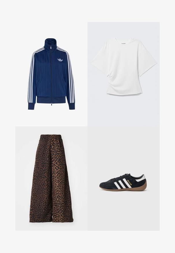 Navyblauwe trainingsjas met rits, witte drie strepen op de mouwen en wit trefoil-logo op de linkerborst, geribde boorden en zoom.; Wit oversized T-shirt met korte mouwen en ronde hals, weergegeven op een lichtgrijze achtergrond.; Wijdvallende broek van gladde stof, met een bruine achtergrond en een zwart panterprintpatroon, en een elastische tailleband.; Zwarte suède sneaker met drie witte strepen, een rubberen gumzool en een klein gouden logo aan de zijkant. Heeft een gladde zwarte binnenvoering.