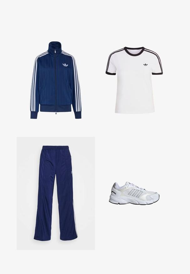 Navyblauwe trainingsjas met rits, witte drie strepen op de mouwen en wit trefoil-logo op de linkerborst, geribde boorden en zoom.; Wit T-shirt met korte mouwen en zwarte accenten, voorzien van een ronde hals en drie zwarte strepen op elke schouder. Klein zwart logo op de borst.; Marine blauwe sportbroeken met een elastische tailleband, rechte pijpen en zijritsen. Heeft witte piping langs de zijkanten. Soepele stofstructuur.; Witte sportschoen met ademend mesh en synthetische materialen, drie zilveren strepen, een getextureerde rubberen zool en een gevoerde kraag.