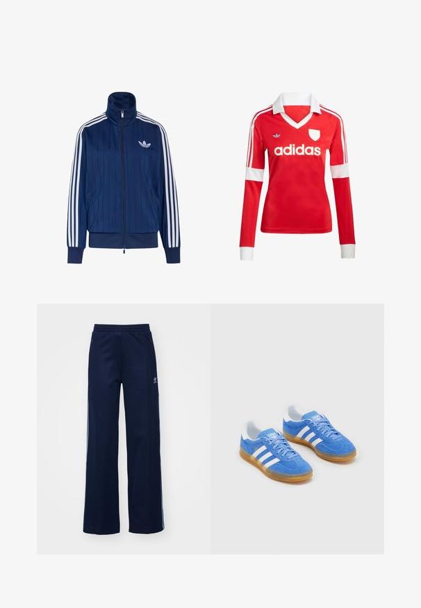 Navyblauwe trainingsjas met rits, witte drie strepen op de mouwen en wit trefoil-logo op de linkerborst, geribde boorden en zoom.; Rode lange mouwen voetbalshirt met een witte kraag en manchetten. Heeft drie witte strepen op de schouders en het "adidas" logo prominent weergegeven.; Marineblauwe katoenen joggingsbroek met een brede pijpdesign, elastische tailleband en ritszakken, voorzien van witte zijstrepen en logo-detail.; Blauwe suède sportschoenen met witte gestreepte accenten, rubberen zool en een gevoerde kraag voor comfort. Beschikt over een klassiek vetersluiting ontwerp.