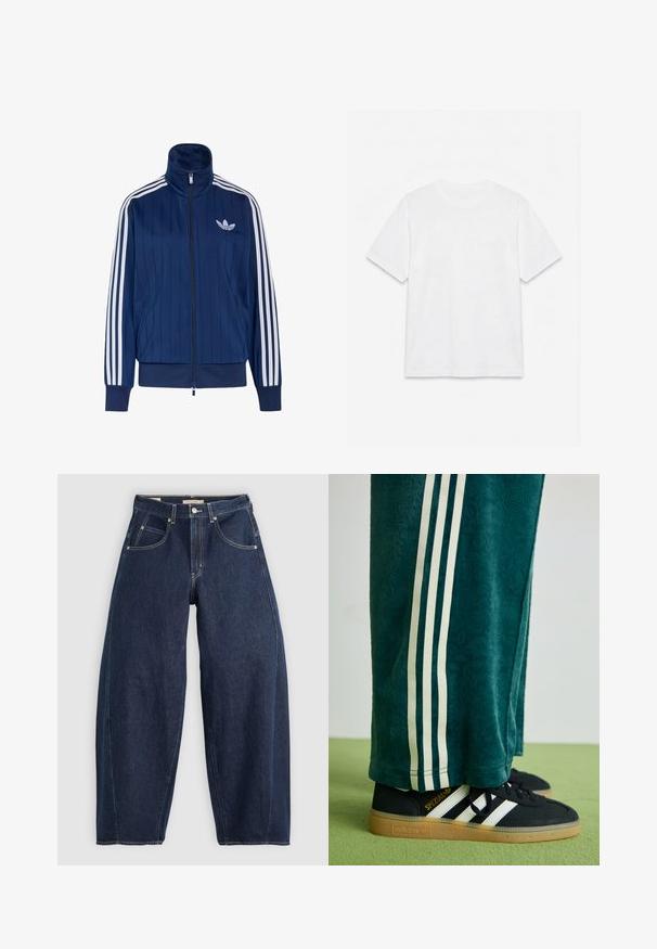 Chaqueta deportiva azul marino con cremallera, tres rayas blancas en las mangas y logo de trébol blanco en el pecho izquierdo, puños y dobladillo acanalados.; Camiseta blanca lisa de manga corta con cuello redondo, colocada plana sobre un fondo blanco.; Jeans de mezclilla azul oscuro con un ajuste holgado, costuras claras, cinco bolsillos y un cierre de botón en la cintura.; Pantalones verdes texturizados con franjas laterales blancas, combinados con zapatillas Adidas negras que presentan tres franjas blancas y una suela de goma.