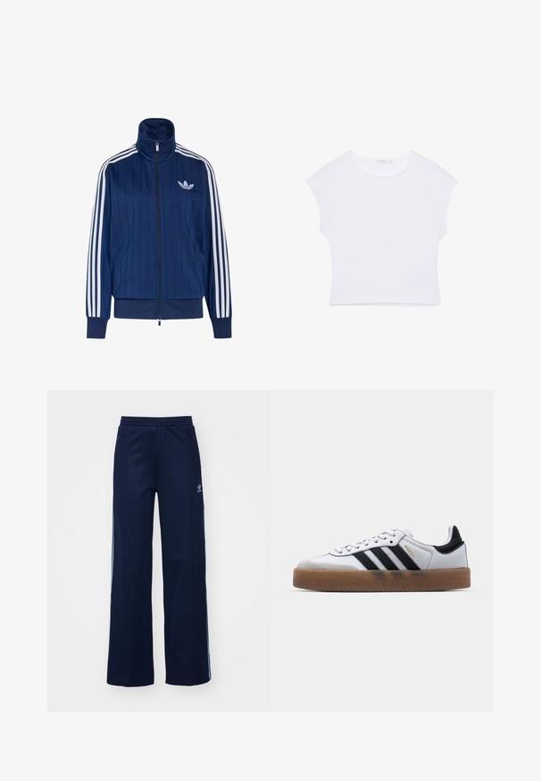 Navyblauwe trainingsjas met rits, witte drie strepen op de mouwen en wit trefoil-logo op de linkerborst, geribde boorden en zoom.; Witte cropped T-shirt met korte mouwen en een ronde hals, gemaakt van gladde stof, plat neergelegd op een witte achtergrond.; Marineblauwe katoenen joggingsbroek met een brede pijpdesign, elastische tailleband en ritszakken, voorzien van witte zijstrepen en logo-detail.; Witte leren sneakers met zwarte strepen, gumrubberen buitenzool, ronde neus, vetersluiting en een zachte grijze suède neuskap.