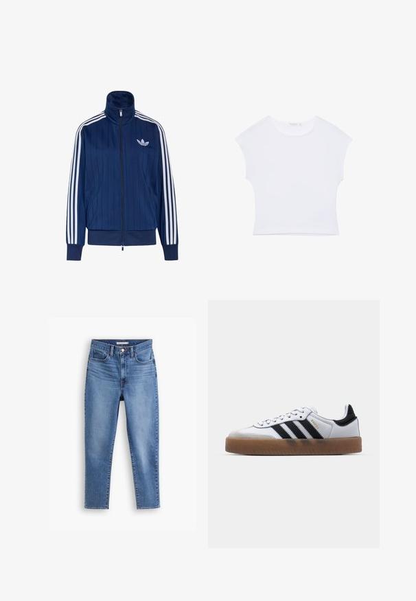 Navyblauwe trainingsjas met rits, witte drie strepen op de mouwen en wit trefoil-logo op de linkerborst, geribde boorden en zoom.; Witte cropped T-shirt met korte mouwen en een ronde hals, gemaakt van gladde stof, plat neergelegd op een witte achtergrond.; Blauwe hoge taille damesjeans met een sluiting met een knop en rits aan de voorkant, riemlussen en een vijf-pocket ontwerp, plat op een witte achtergrond.; Witte leren sneakers met zwarte strepen, gumrubberen buitenzool, ronde neus, vetersluiting en een zachte grijze suède neuskap.