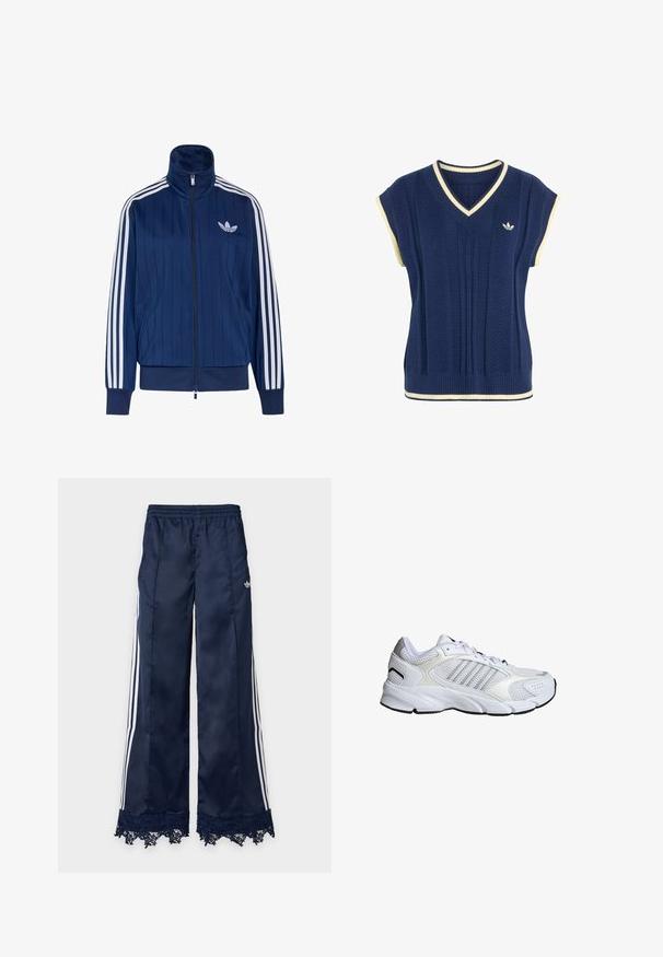 Veste de survêtement bleu marine zippée avec trois bandes blanches sur les manches et logo trèfle blanc sur la poitrine gauche, poignets et ourlet côtelés.; Gilet sans manches en maille bleu marine avec bordure blanche au col en V, aux emmanchures et à l'ourlet, avec un petit logo Adidas blanc sur la poitrine.; Pantalon de survêtement bleu marine à jambes larges avec bandes blanches sur les côtés, taille élastique, logo adidas sur la hanche et bordure en dentelle à l'ourlet.; Baskets blanches en matériau synthétique et en maille respirante, avec trois rayures argentées, semelle en caoutchouc texturé et col rembourré.