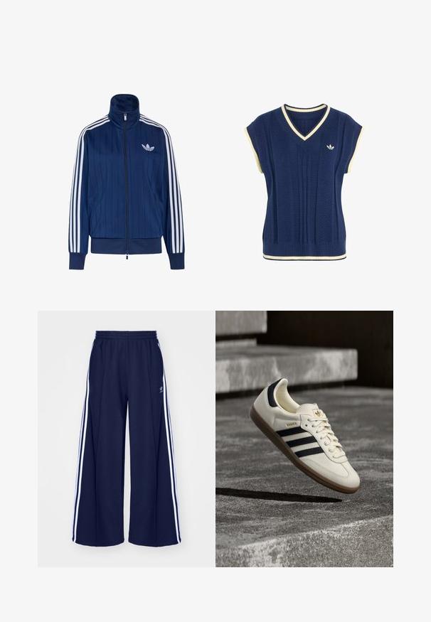Chaqueta deportiva azul marino con cremallera, tres rayas blancas en las mangas y logo de trébol blanco en el pecho izquierdo, puños y dobladillo acanalados.; Chaleco de punto sin mangas azul marino con ribete blanco en el cuello en V, sisas y dobladillo, con un pequeño logotipo blanco de Adidas en el pecho.; adidas Originals PANT - Pantalones deportivos - night indigo; Zapatilla blanca Adidas Samba con franjas negras y suela de goma, flotando sobre escalones de hormigón gris texturizado.