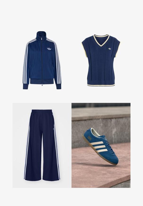 Chaqueta deportiva azul marino con cremallera, tres rayas blancas en las mangas y logo de trébol blanco en el pecho izquierdo, puños y dobladillo acanalados.; Chaleco de punto sin mangas azul marino con ribete blanco en el cuello en V, sisas y dobladillo, con un pequeño logotipo blanco de Adidas en el pecho.; adidas Originals PANT - Pantalones deportivos - night indigo; Zapatilla de gamuza azul con rayas y cordones crema, suela de goma color miel, superficie texturizada, puntera redondeada y marca lateral.