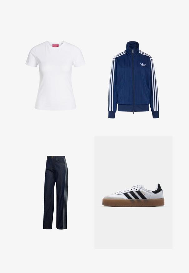 Navyblauwe trainingsjas met rits, witte drie strepen op de mouwen en wit trefoil-logo op de linkerborst, geribde boorden en zoom.; Witte, nauwsluitende T-shirt met korte mouwen en ronde hals, met een roze JJXX-label aan de binnenkant van de kraag, afgebeeld tegen een effen achtergrond.; Donkerblauwe denim jeans met rechte pijpen en drie lichtgrijze strepen aan de buitenkant van elke pijp.; Witte leren sneakers met zwarte strepen, gumrubberen buitenzool, ronde neus, vetersluiting en een zachte grijze suède neuskap.
