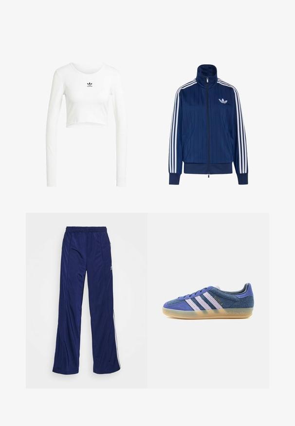 Chaqueta deportiva azul marino con cremallera, tres rayas blancas en las mangas y logo de trébol blanco en el pecho izquierdo, puños y dobladillo acanalados.; Camisa blanca recortada de manga larga hecha de algodón acanalado. Presenta un cuello redondo y un pequeño logo negro de Adidas en el pecho.; Pantalones deportivos navy con cintura elástica, piernas rectas y cremalleras laterales. Presentan piping blanco a lo largo de los lados. Textura de tela suave.; Zapatilla baja de ante azul con rayas blancas texturizadas, suela de goma translúcida y logotipo dorado "BAYRE" en el lateral.