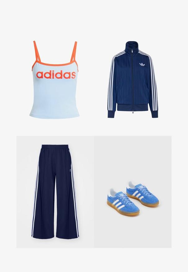 Chaqueta deportiva azul marino con cremallera, tres rayas blancas en las mangas y logo de trébol blanco en el pecho izquierdo, puños y dobladillo acanalados.; Camiseta sin mangas de color azul claro con ribete naranja, que presenta un atrevido logotipo rojo de "adidas" en el pecho. Hecha de una tela suave y elástica. Tirantes finos.; adidas Originals PANT - Pantalones deportivos - night indigo; Zapatillas deportivas azules de ante con acentos de rayas blancas, suela de goma y cuello acolchado para mayor comodidad. Presenta un diseño clásico de cordones.